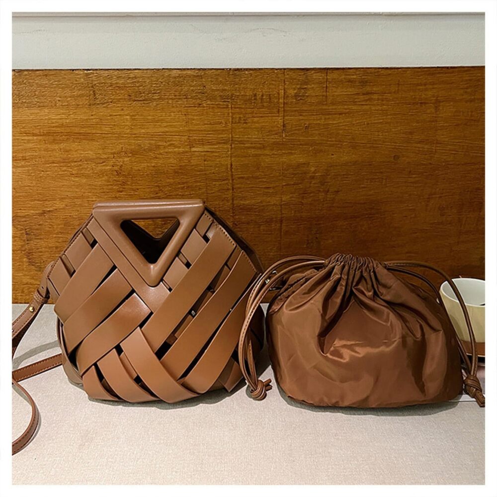 5830 Vegan Leather Clutch Purses Woven Bucket Crossbody Shoulder Bag - Picture 6 of 8
